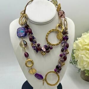 Chico's Purple Glass Beads and Square Amethyst Gold Tone Long Necklace